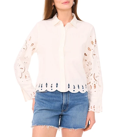 Vince Camuto Woven Point Collar Long Sleeve Embroidered Blouse