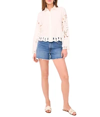 Vince Camuto Woven Point Collar Long Sleeve Embroidered Blouse