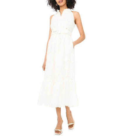 Vince Camuto Woven Point Collar Sleeveless Belted Maxi Dress