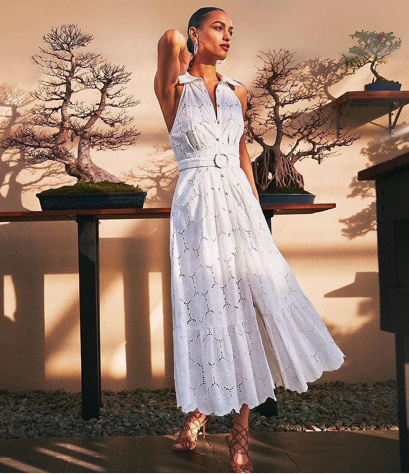 Vince Camuto Woven Point Collar Sleeveless Belted Maxi Dress