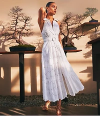 Vince Camuto Woven Point Collar Sleeveless Belted Maxi Dress