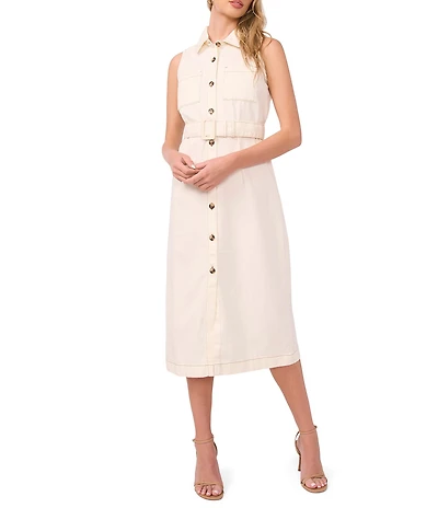 Vince Camuto Woven Point Collar Sleeveless Belted Shirt Dress