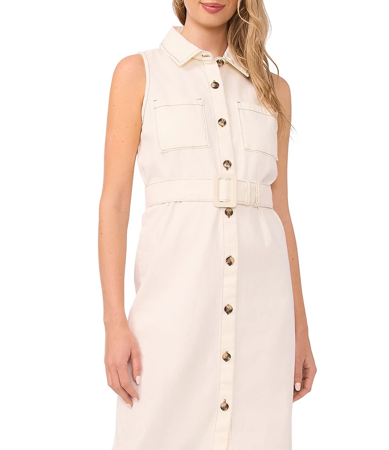 Vince Camuto Woven Point Collar Sleeveless Belted Shirt Dress