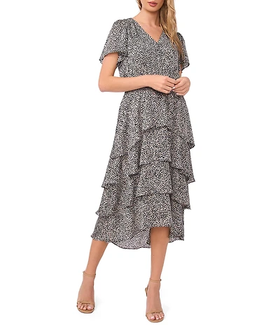 Vince Camuto Woven Printed V-Neck Short Sleeve Tiered A-Line Dress