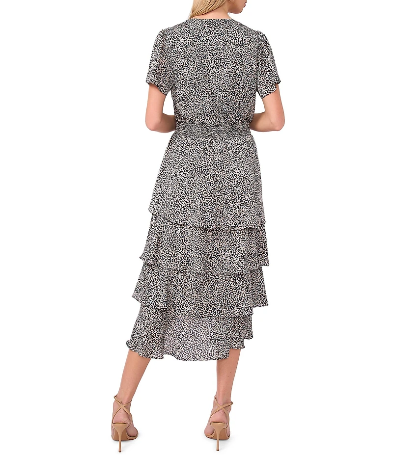 Vince Camuto Woven Printed V-Neck Short Sleeve Tiered A-Line Dress