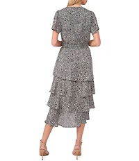 Vince Camuto Woven Printed V-Neck Short Sleeve Tiered A-Line Dress