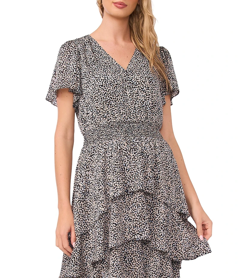 Vince Camuto Woven Printed V-Neck Short Sleeve Tiered A-Line Dress