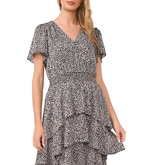 Vince Camuto Woven Printed V-Neck Short Sleeve Tiered A-Line Dress