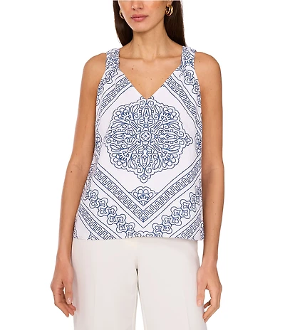 Vince Camuto Woven Printed V-Neck Sleeveless Tank