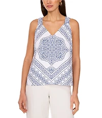 Vince Camuto Woven Printed V-Neck Sleeveless Tank