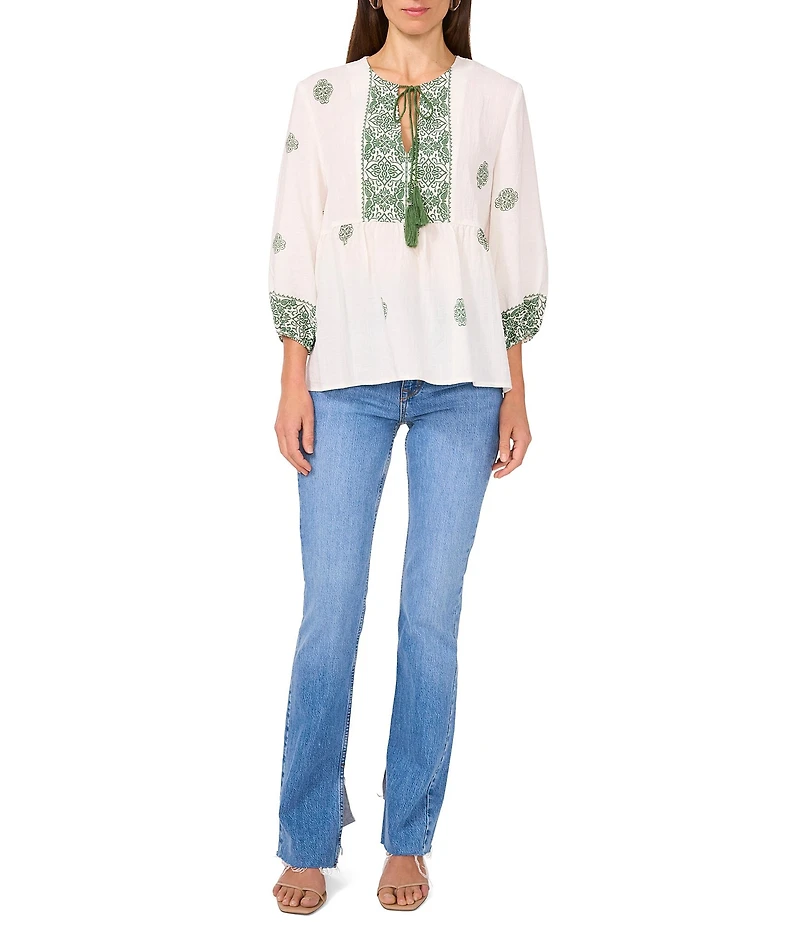 Vince Camuto Woven Split Round Neck 3/4 Sleeve Peasant Blouse