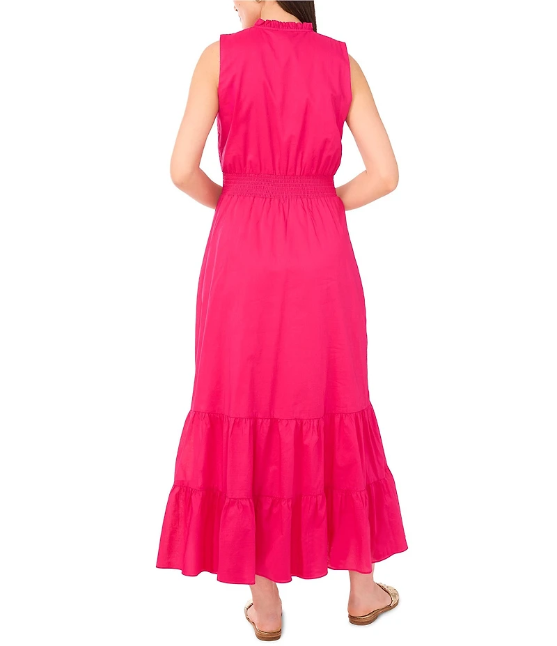 Vince Camuto Woven Split V-Neck Sleeveless Smocked Maxi Tiered A-Line Dress
