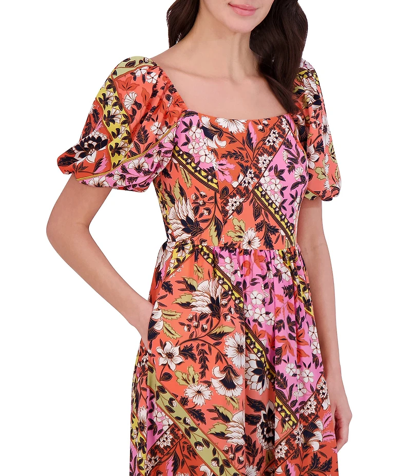 Vince Camuto Woven Square Neck Short Puff Sleeve Midi Dress