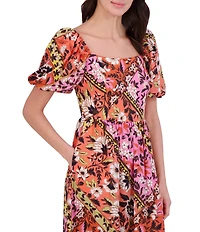Vince Camuto Woven Square Neck Short Puff Sleeve Midi Dress