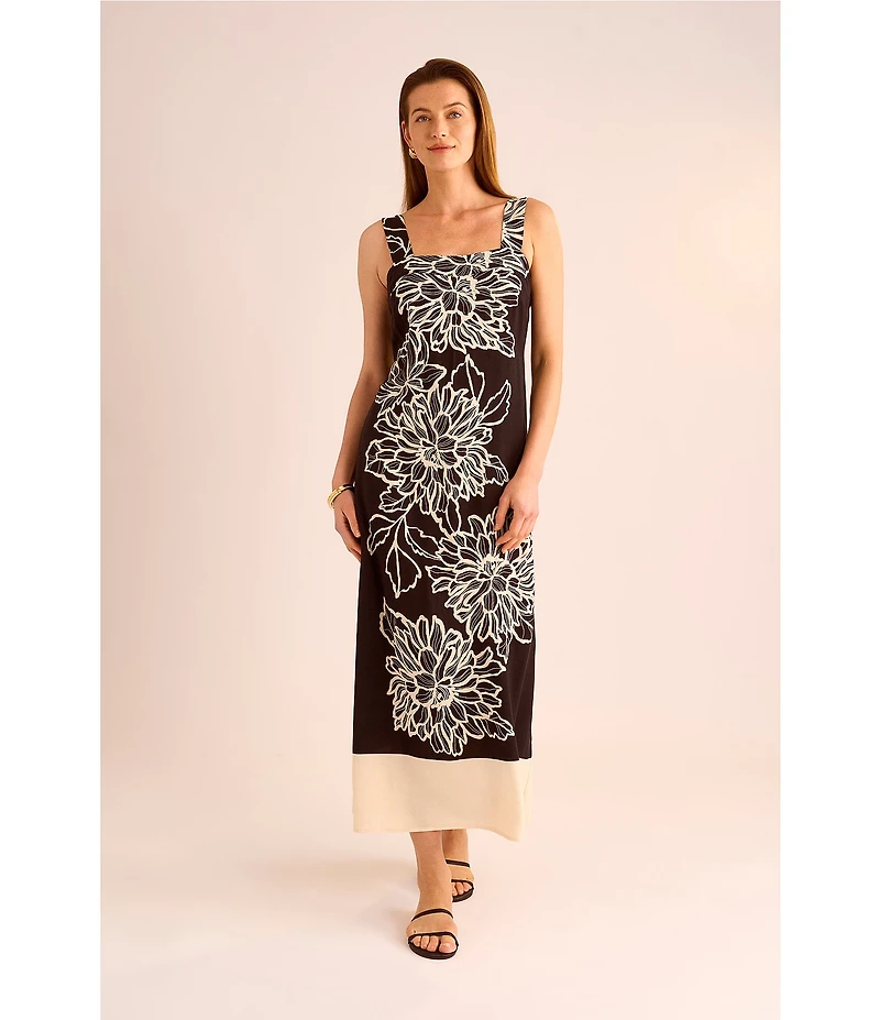 Vince Camuto Woven Square Neckline Sleeveless Printed Maxi Shift Dress