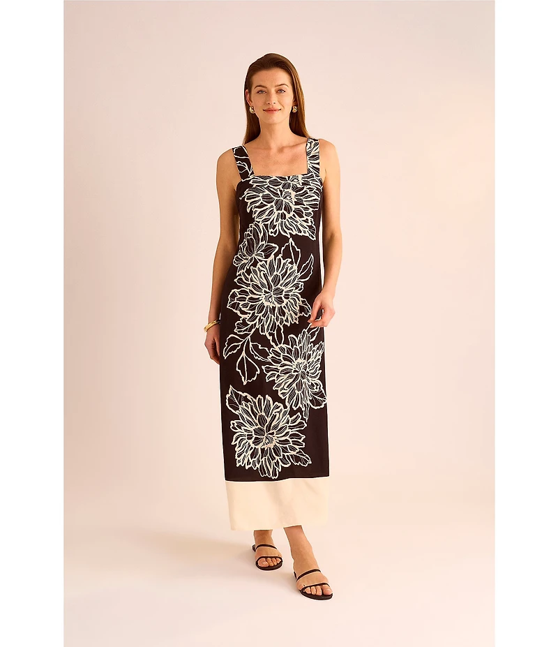 Vince Camuto Woven Square Neckline Sleeveless Printed Maxi Shift Dress