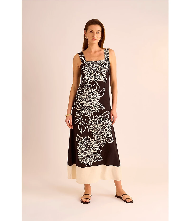Vince Camuto Woven Square Neckline Sleeveless Printed Maxi Shift Dress