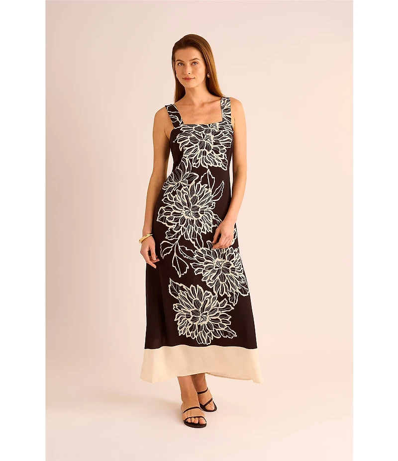 Vince Camuto Woven Square Neckline Sleeveless Printed Maxi Shift Dress