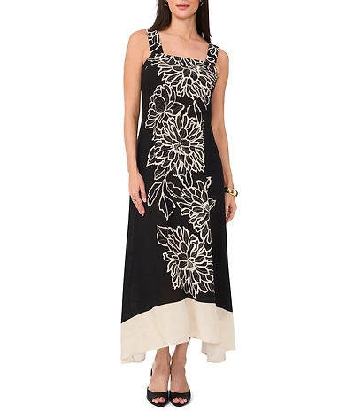 Vince Camuto Woven Square Neckline Sleeveless Printed Maxi Shift Dress