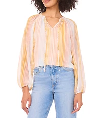 Vince Camuto Woven Stripe Print V-Neck Long Sleeve Tie Neck Top