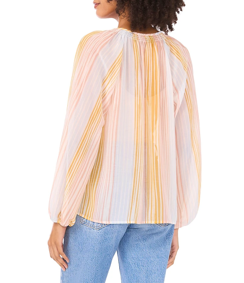 Vince Camuto Woven Stripe Print V-Neck Long Sleeve Tie Neck Top