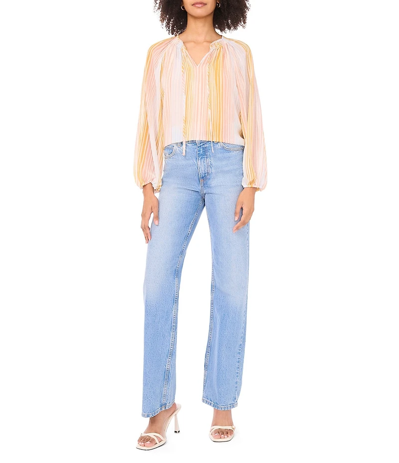 Vince Camuto Woven Stripe Print V-Neck Long Sleeve Tie Neck Top