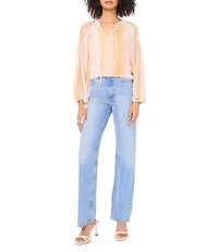 Vince Camuto Woven Stripe Print V-Neck Long Sleeve Tie Neck Top