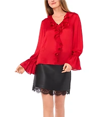 Vince Camuto Woven V-Neck Long Sleeve Ruffle Blouse