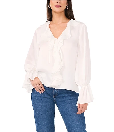 Vince Camuto Woven V-Neck Long Sleeve Ruffle Blouse