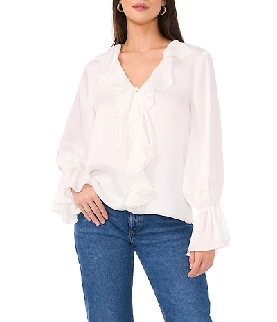 Vince Camuto Woven V-Neck Long Sleeve Ruffle Blouse