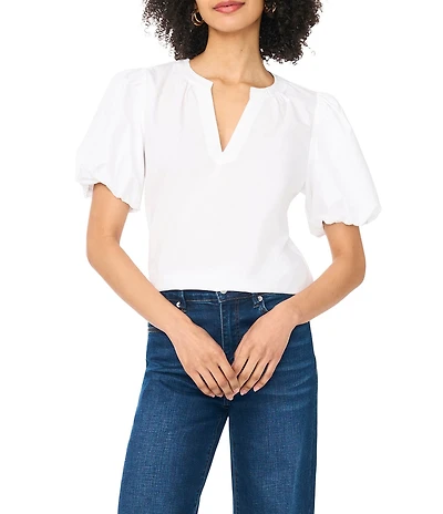 Vince Camuto Woven V-Neck Short Sleeve Puff Blouse