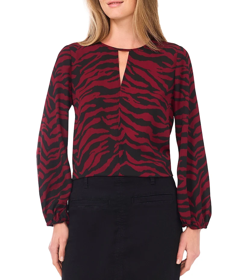 Vince Camuto Woven Zebra Print V-Neck Long Sleeve Center Front Seam Top