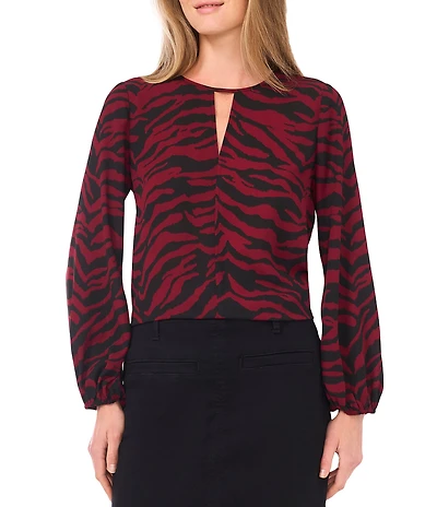 Vince Camuto Woven Zebra Print V-Neck Long Sleeve Center Front Seam Top
