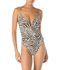 Vince Camuto Zebra Print Split V-Neck Full Coverage One-Piece Swimsuit
