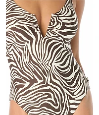 Vince Camuto Zebra Print Split V-Neck Full Coverage One-Piece Swimsuit