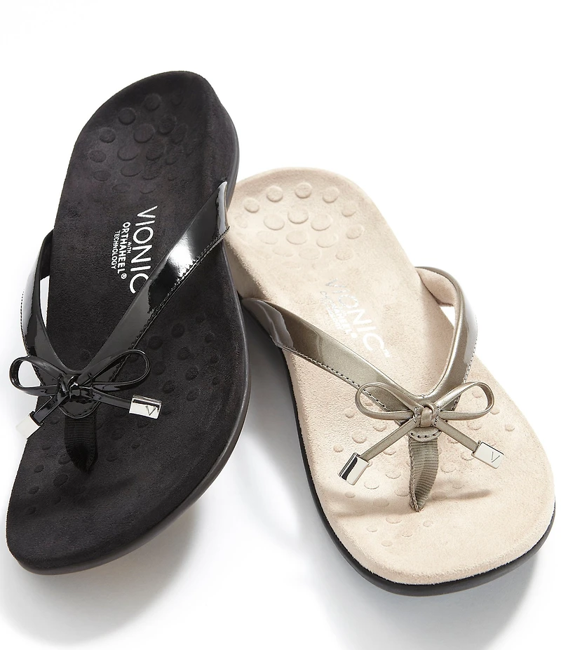 Vionic Bella Patent Bow Detail Thong Slip-On Sandals
