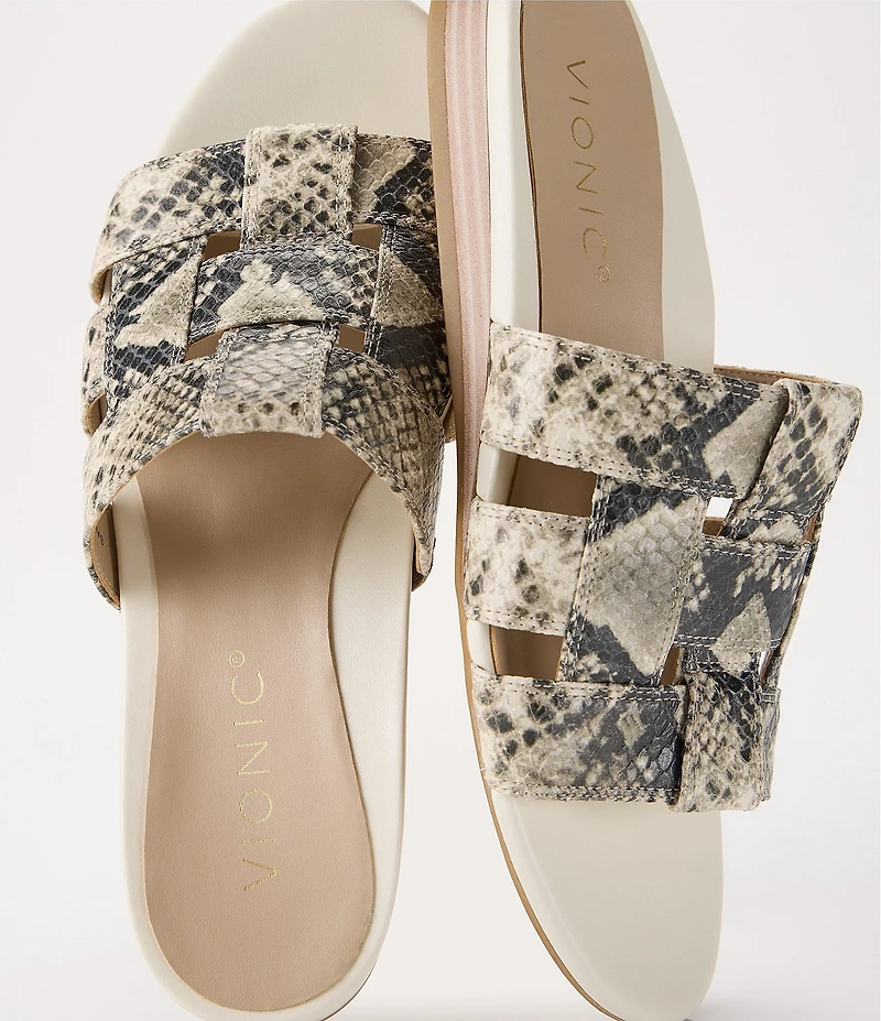 Vionic Glendora Leather Snake Print Mini Wedge Sandals