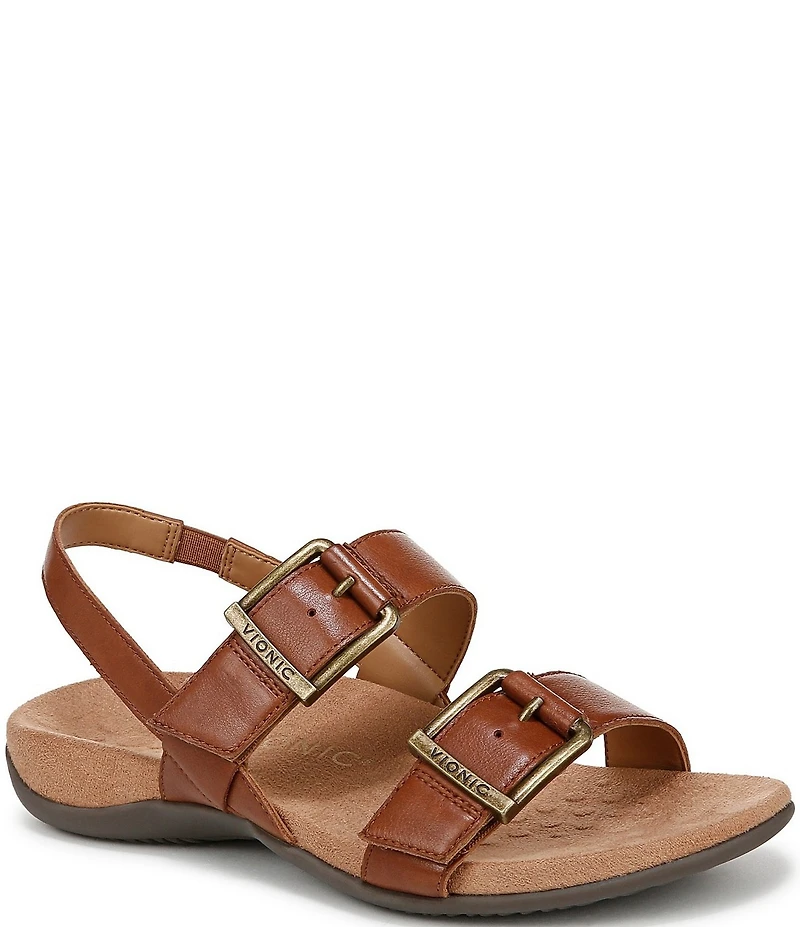 Vionic Reese Leather Buckle Hardware Hook-and-Loop Banded Slingback Sandals