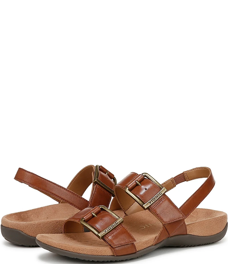 Vionic Reese Leather Buckle Hardware Hook-and-Loop Banded Slingback Sandals