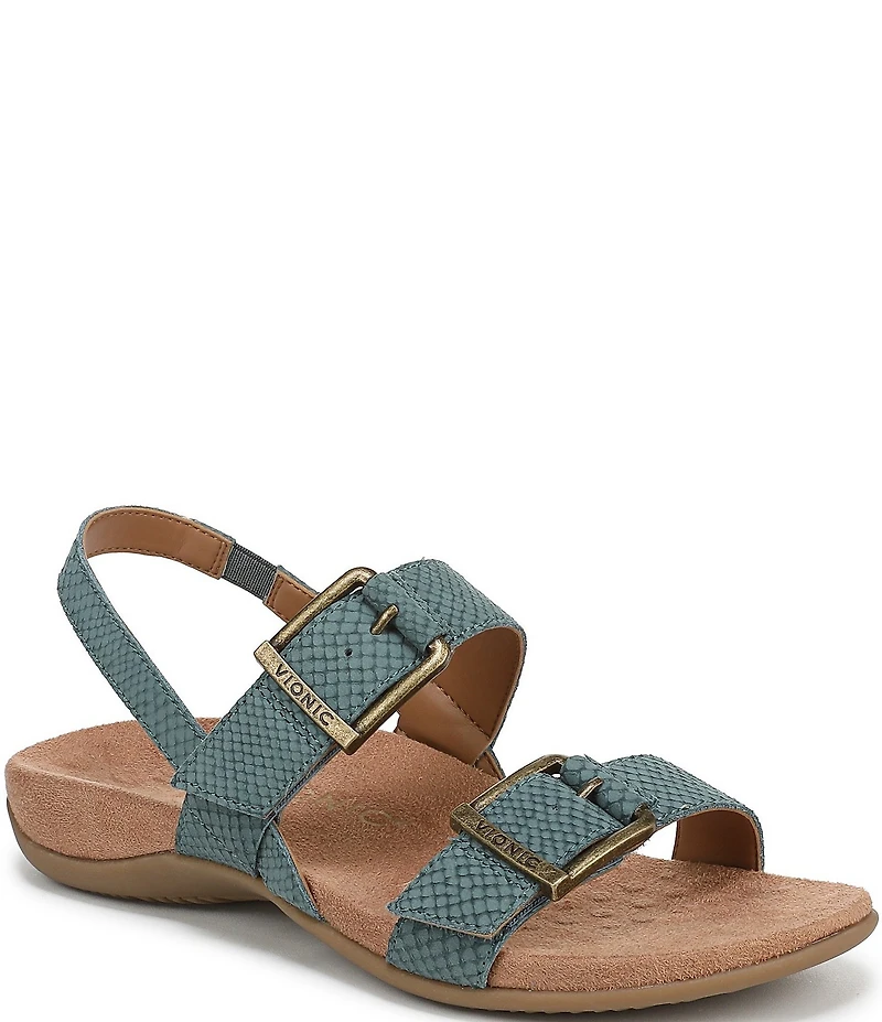 Vionic Reese Snake Print Nubuck Suede Buckle Hardware Hook-and-Loop Banded Slingback Sandals