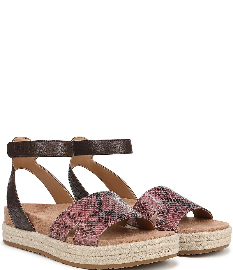 Vionic Yucca Embossed Snake Print Leather Ankle Wrap Platform Espadrille Sandals