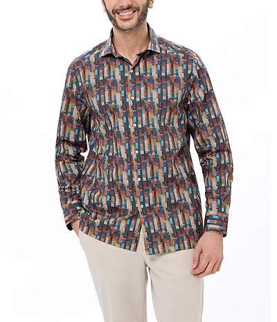 Visconti Abstract Print Stretch Long Sleeve Woven Shirt