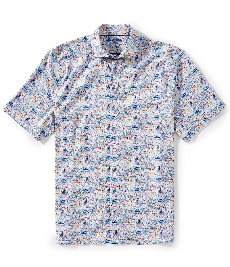 Visconti Sailboat Print Stretch Short Sleeve Woven Shirt