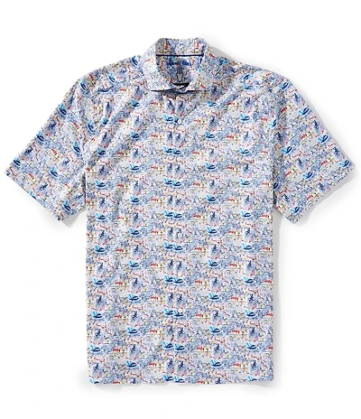 Visconti Sailboat Print Stretch Short Sleeve Woven Shirt