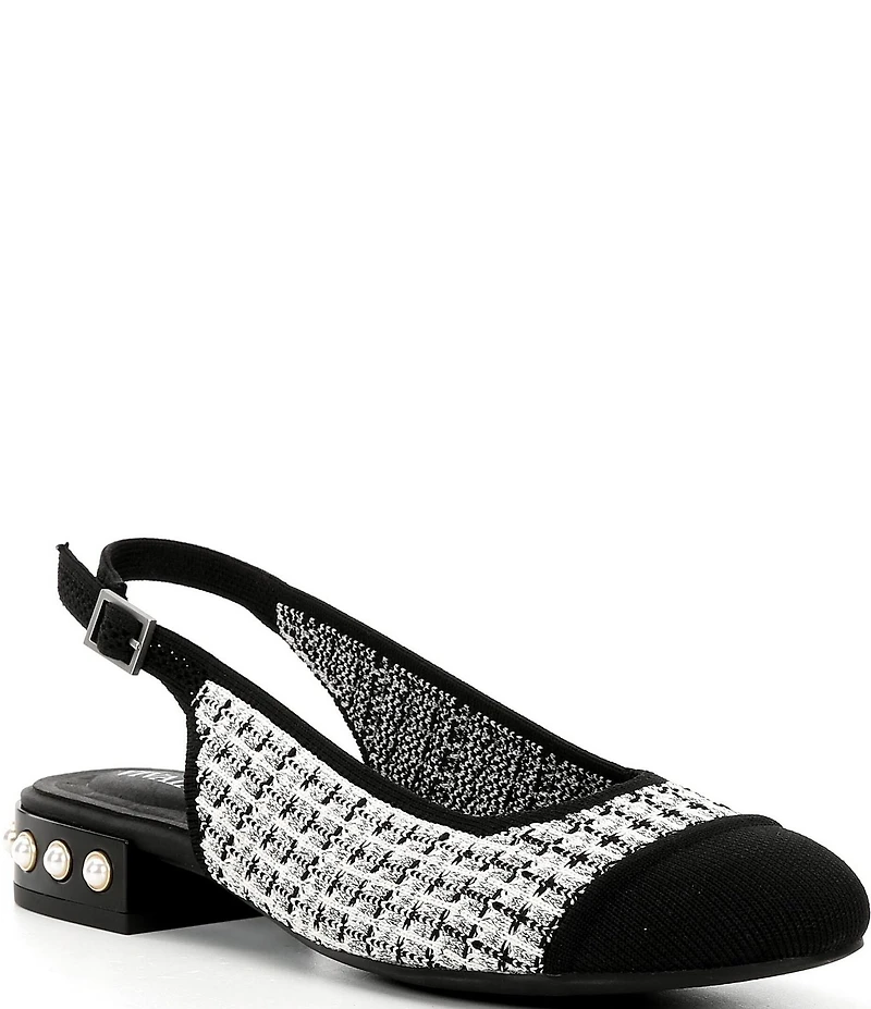 VIVAIA Bethany Tweed Pearl Slingback Studded Block Heel Ballet Pumps