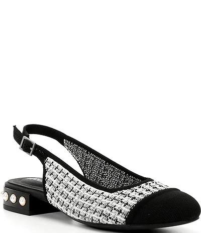 VIVAIA Bethany Tweed Pearl Slingback Studded Block Heel Ballet Pumps