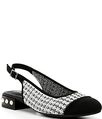 VIVAIA Bethany Tweed Pearl Slingback Studded Block Heel Ballet Pumps