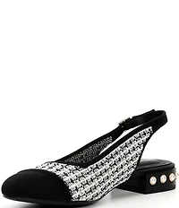 VIVAIA Bethany Tweed Pearl Slingback Studded Block Heel Ballet Pumps