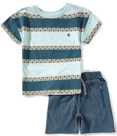 Volcom Little Boys Short Sleeve Stripe Print T-Shirt And Knit Shorts Set