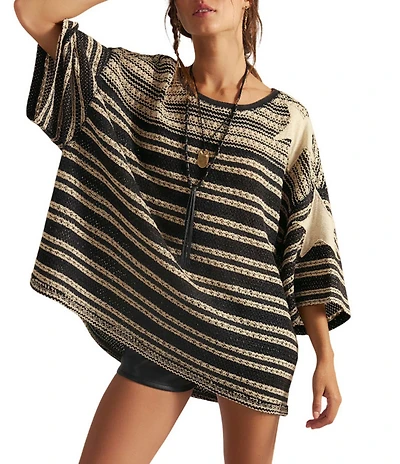 We The Free Fun In The Sun Striped Scoop Neck Short Sleeve Crochet Tee